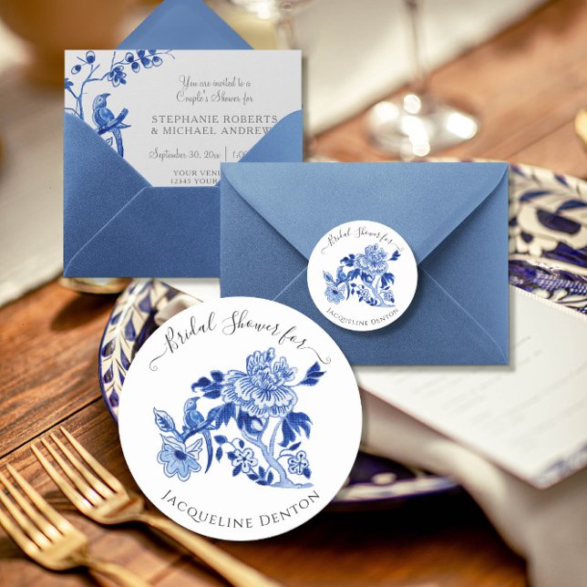 Pegatina Redonda Chinoiserie Floral Blue White Bird Brighower (Subido por el creador)