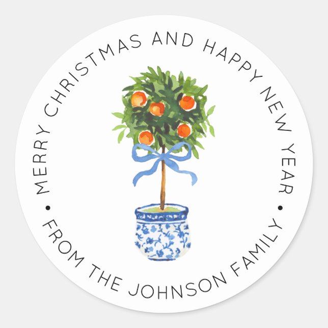 Pegatina Redonda Chinoiserie Naranja de alfarería Topiary Blue (Anverso)