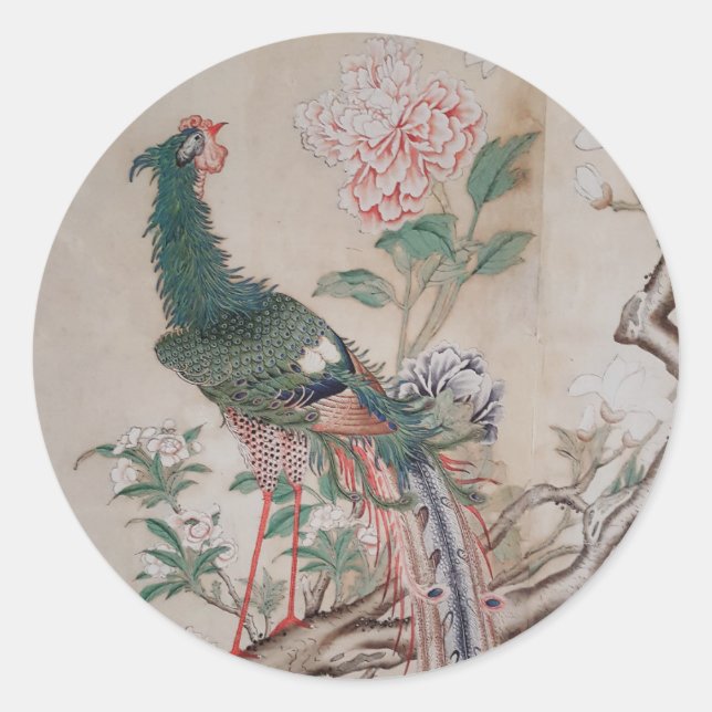 Pegatina Redonda Chinoiserie Peacock Vintage (Anverso)