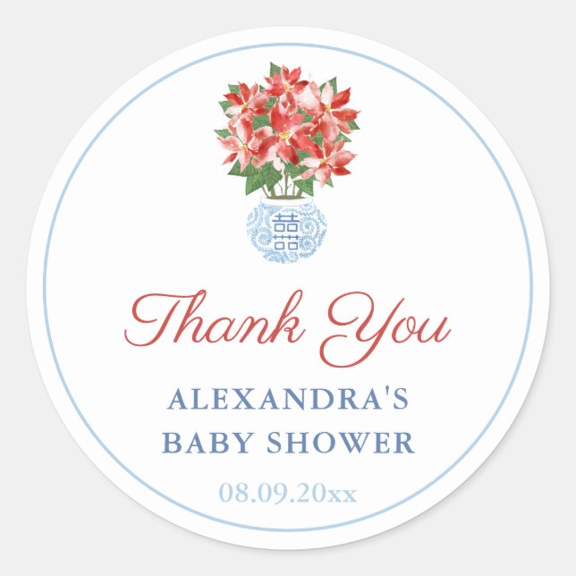 Pegatina Redonda Chinoiserie Red Blue Holidays Bridal Shower Favor (Anverso)