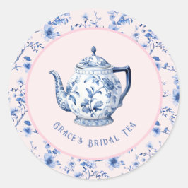Pegatina Redonda Chinoiserie rosa y azul Teapot | Tea de novia