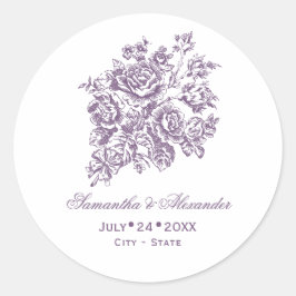Pegatina Redonda Chinoiserie Rosas victorianos morados Bouquet Boda