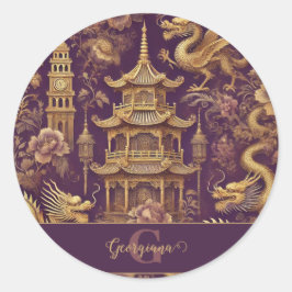 Pegatina Redonda Chinoiserie victoriana personalizada Purple & Gold
