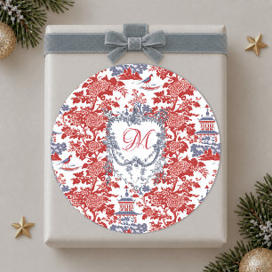 Pegatina Redonda Chinoiserie Vintage Delft Rojo Azul monograma fran