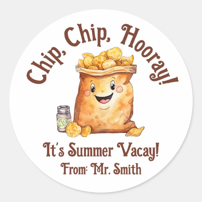 Pegatina Redonda ¡Chip, Chip, Hooray! Chips de papa, vacaciones de  (Anverso)