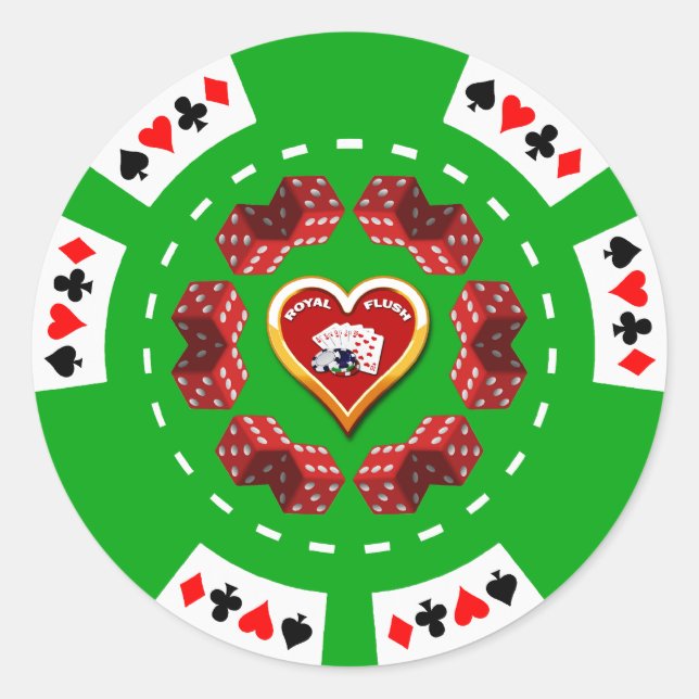 PEGATINA REDONDA CHIP DE POKER DICE Y ROYAL FLUSH (Anverso)