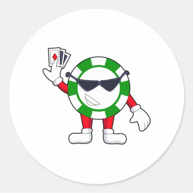 Pegatina Redonda Chip de póquer con tarjetas de póker (Anverso)