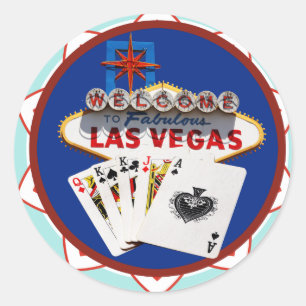 Pegatina Redonda Chip de Póquer de Rótulo y tarjetas de Las Vegas