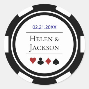Pegatina Redonda Chip de póquer en azul blanco Boda de Las Vegas