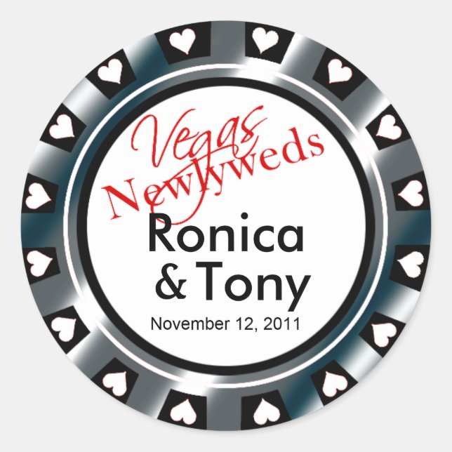 Pegatina Redonda Chip del Casino Black & Silver Vegas Newlyweds (Anverso)