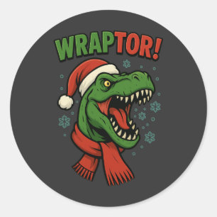 Pegatina Redonda Chiste de Wraptor T-Rex Dinosaurio Navidad