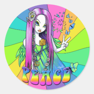 Pegatina Redonda "Chloe": La paz en el arco iris Hippie Fairy Stick
