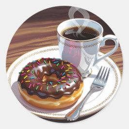 Pegatina Redonda Chocolate Frosted Donut and Coffee 