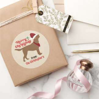 Pegatina Redonda Chocolate Lab Labrador Feliz Navidad