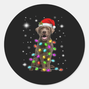 Pegatina Redonda Chocolate Labrador Santa Hat Navidades Luz de hada