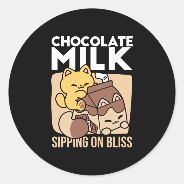 Pegatina Redonda Chocolate Milk Sipping on Bliss – Kawaii Cat Food  (Anverso)