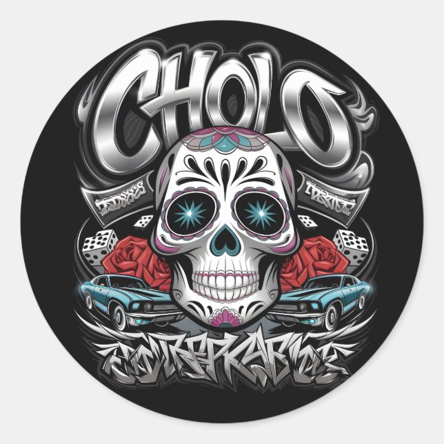 Pegatina Redonda Cholo Sugar Skull Cinco de Mayo Art (Anverso)
