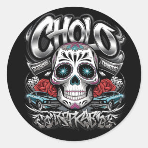 Pegatina Redonda Cholo Sugar Skull Cinco de Mayo Art
