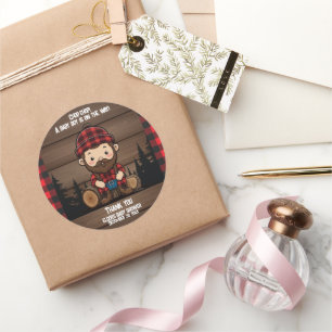 Pegatina Redonda ¡Chop Chop! Rustic Lumberjack Flannel Baby Shower