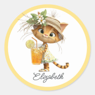 Pegatina Redonda Chorreada de Cottagecore de Gatito para Baby Showe