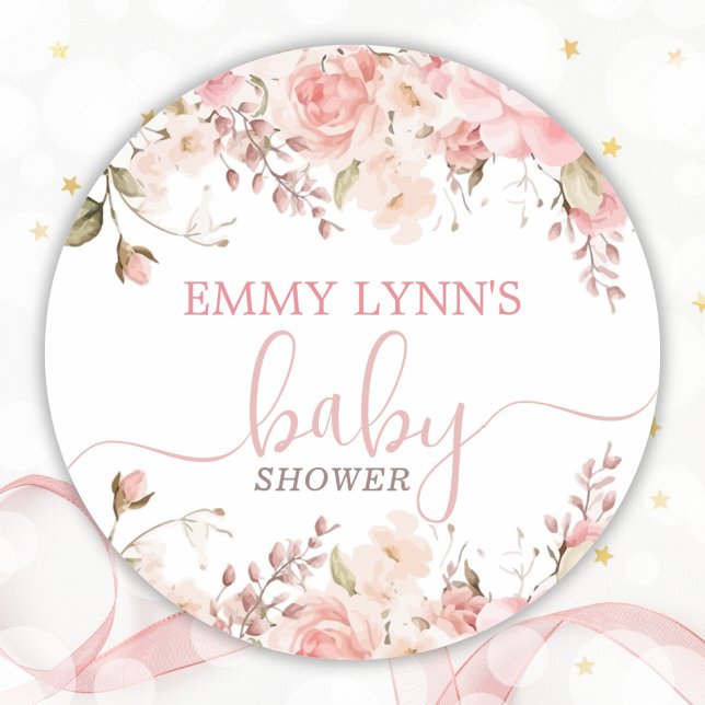 Pegatina Redonda Chorreada Rosa Bebé En Flor Ducha De Bebé  (Blush Pink Baby In Bloom Baby Shower Classic Round Sticker)