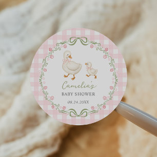 Pegatina Redonda Chorreado de Ganso Rosa Baby Shower Floral