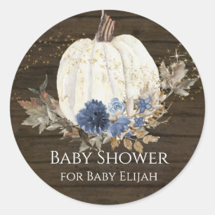 Pegatina Redonda Chorreado De Madera Rústica Azul Floral Baby Showe