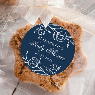 Pegatina Redonda Chorreado Floral Azul Marino Baby Shower