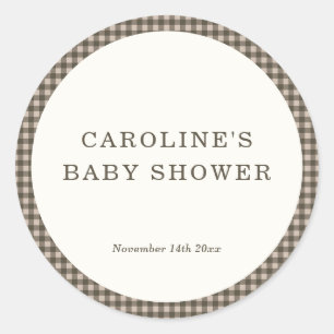 Pegatina Redonda Chorreado Marrón Taupe Plaid Retro Baby Shower