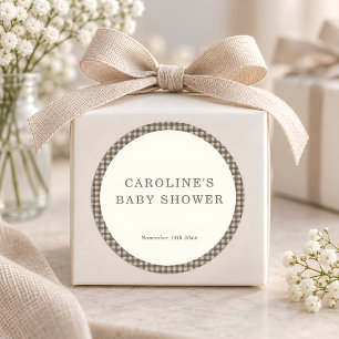 Pegatina Redonda Chorreado Marrón Taupe Plaid Retro Baby Shower