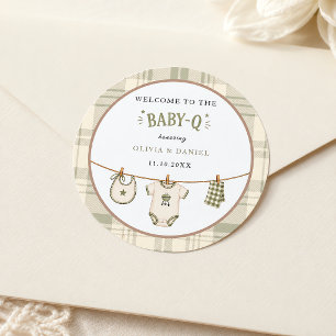 Pegatina Redonda Chorreo de Verde Salvia para Baby Shower Vintage B