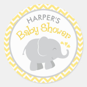 Pegatina Redonda Chorro Amarillo Elefante Gris Baby Shower