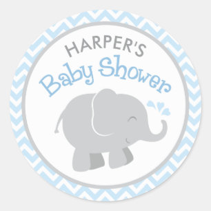 Pegatina Redonda Chorro Azul Elefante Gris Baby Shower