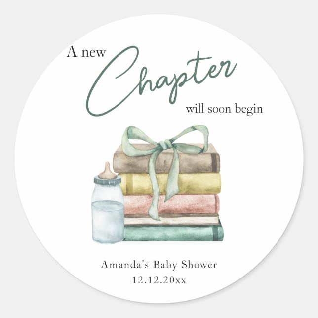 Pegatina Redonda Chorro de Acuarela Capítulo Nuevo Baby Shower (Anverso)