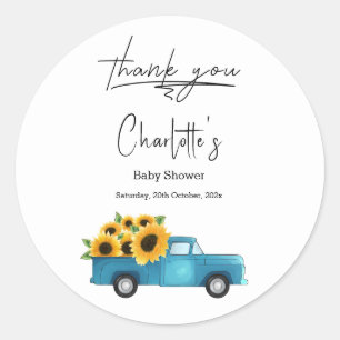 Pegatina Redonda Chorro de Acuarela con Girasoles Baby Shower