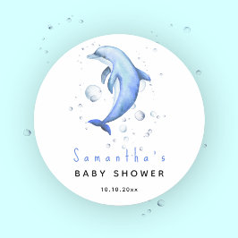 Pegatina Redonda Chorro de agua del océano delfín baby shower
