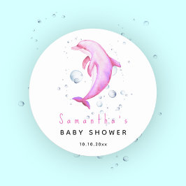 Pegatina Redonda Chorro de agua del océano delfín baby shower