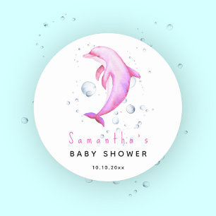 Pegatina Redonda Chorro de agua del océano delfín baby shower