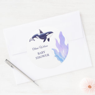 Pegatina Redonda Chorro de ballena orca acuarela para baby shower