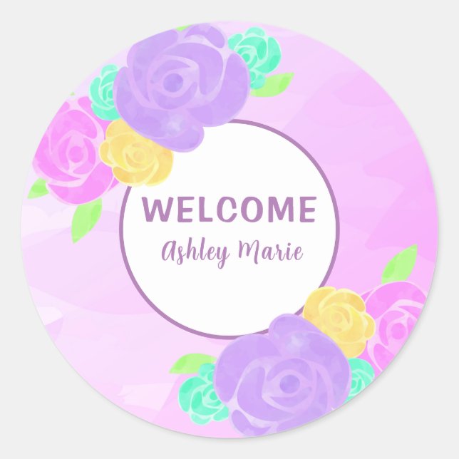 Pegatina Redonda Chorro de bebé floral acuarela morada personalizab (Anverso)
