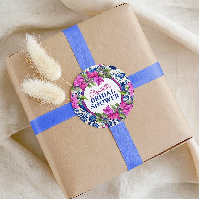 Pegatina Redonda Chorro de Novia con Baldosas Azules y Buganvilla R (Pink Bougainvillea Blue Tile Bridal Shower Classic Round Sticker)