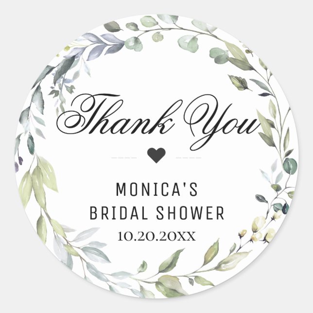 Pegatina Redonda Chorro de novia verde con eucalipto acuarela (Anverso)