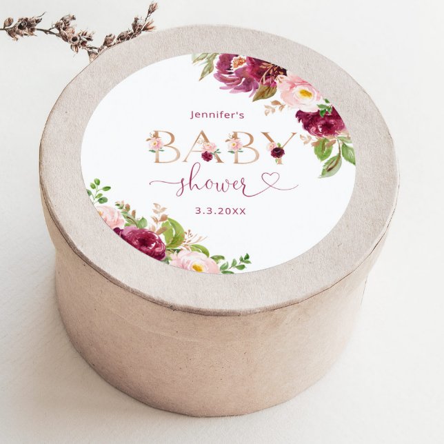 Pegatina Redonda Chorro de oro burgundy floral baby shower (Subido por el creador)