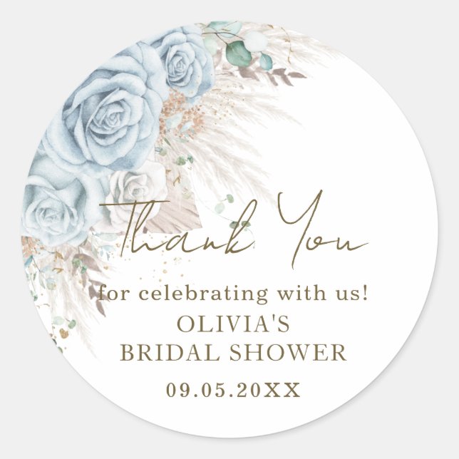 Pegatina Redonda Chorro de Pampas Bohemio Pastel Floral Azul para D (Anverso)