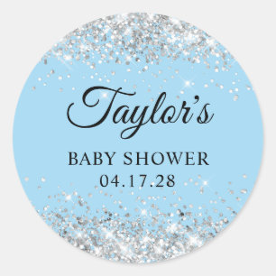 Pegatina Redonda Chorro de Plata Azul Baby Shower