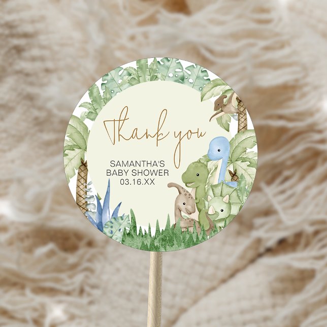 Pegatina Redonda Chorro de Vegetación Dinosaurio Baby Shower  (Greenery Dinosaur Baby Shower Sticker)