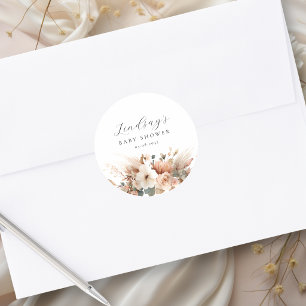 Pegatina Redonda Chorro Floral de Pampas para Baby Shower