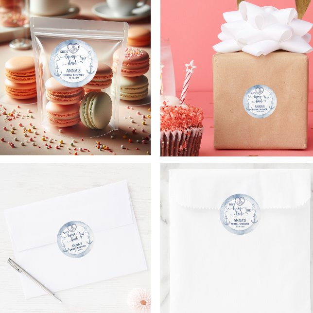 Pegatina Redonda Chorro Náutico Ella está atando el nudo Despedida  (beach bridal shower invitations ocean coastal destination starfish nautical tropical elegant seashel)