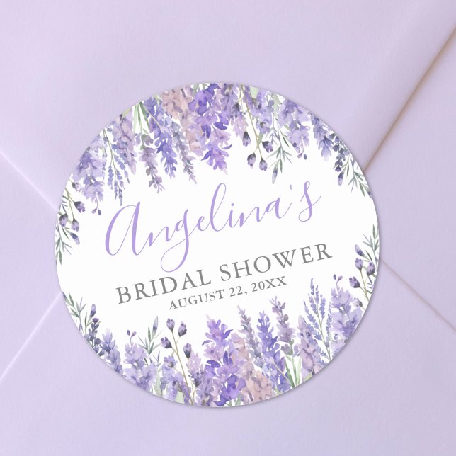 Pegatina Redonda Chorro Nupcial Floral Púrpura (Purple Floral Bridal Shower Classic Round Sticker)