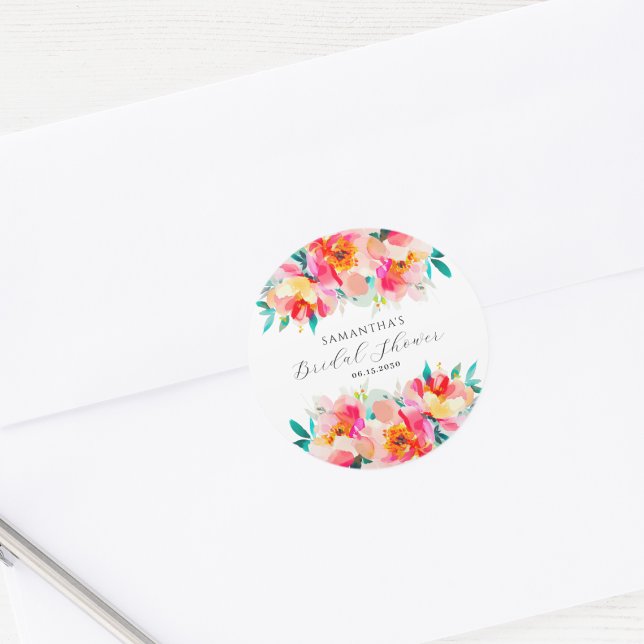 Pegatina Redonda Chorro nupcial floral rosa moderno en acuarela (Subido por el creador)